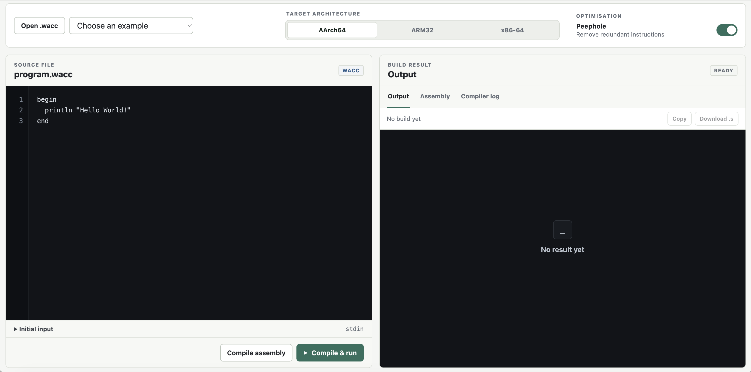 WACC Compiler Studio interface with source editor and build output